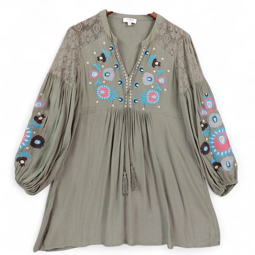 Umgee Tunic Top Sz S Olive Green Embroidered Boho Peasant Blouse Lace Cottagecor
